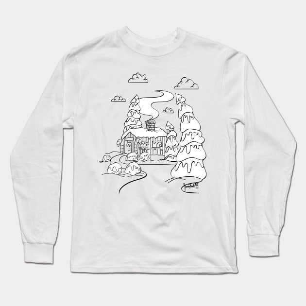 Christmas Log Cabin WinterScene Printable Coloring Long Sleeve T-Shirt by SidneyTees